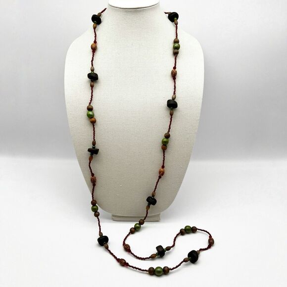 Multi Colored Wood Round Seed Bead Natural Nut Ethnic Long Necklace 58” - Picture 2 of 8